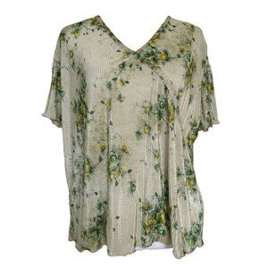 Y2K Satin Micro Pleated Top Size XL Green Floral V Neck Vintage